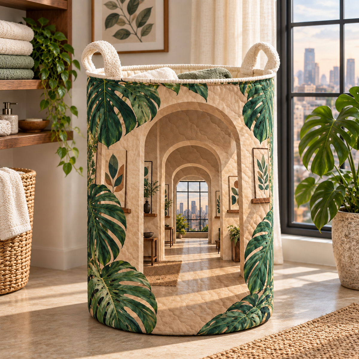 Monstera Loft Gallery Laundry Hamper with flat printed monstera loft gallery artwork