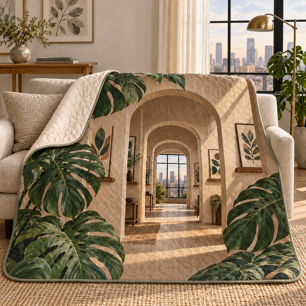Monstera Loft Gallery Quilt Blanket with flat printed monstera loft gallery artwork