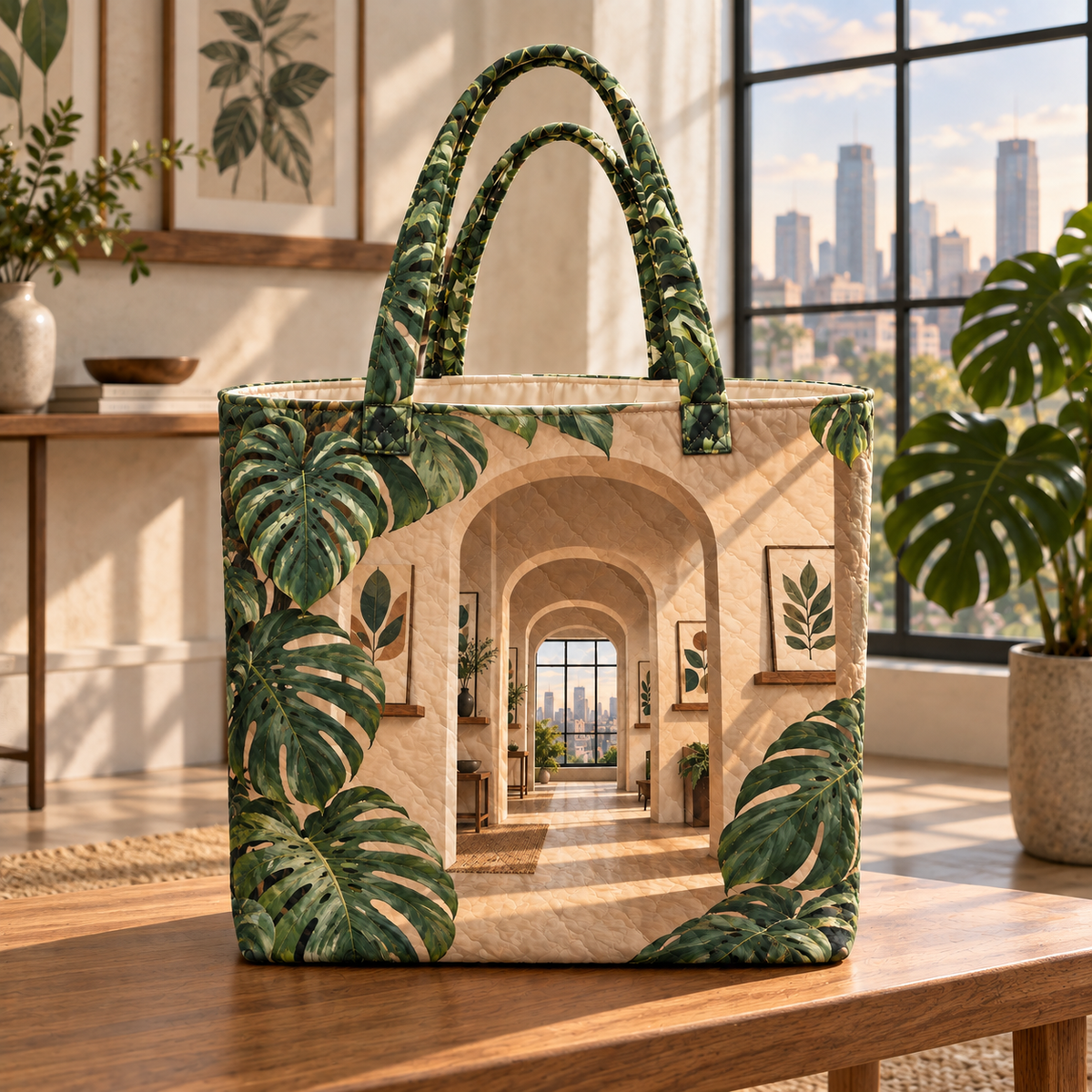 Monstera Loft Gallery Quilted Tote Bag with flat printed monstera loft gallery artwork