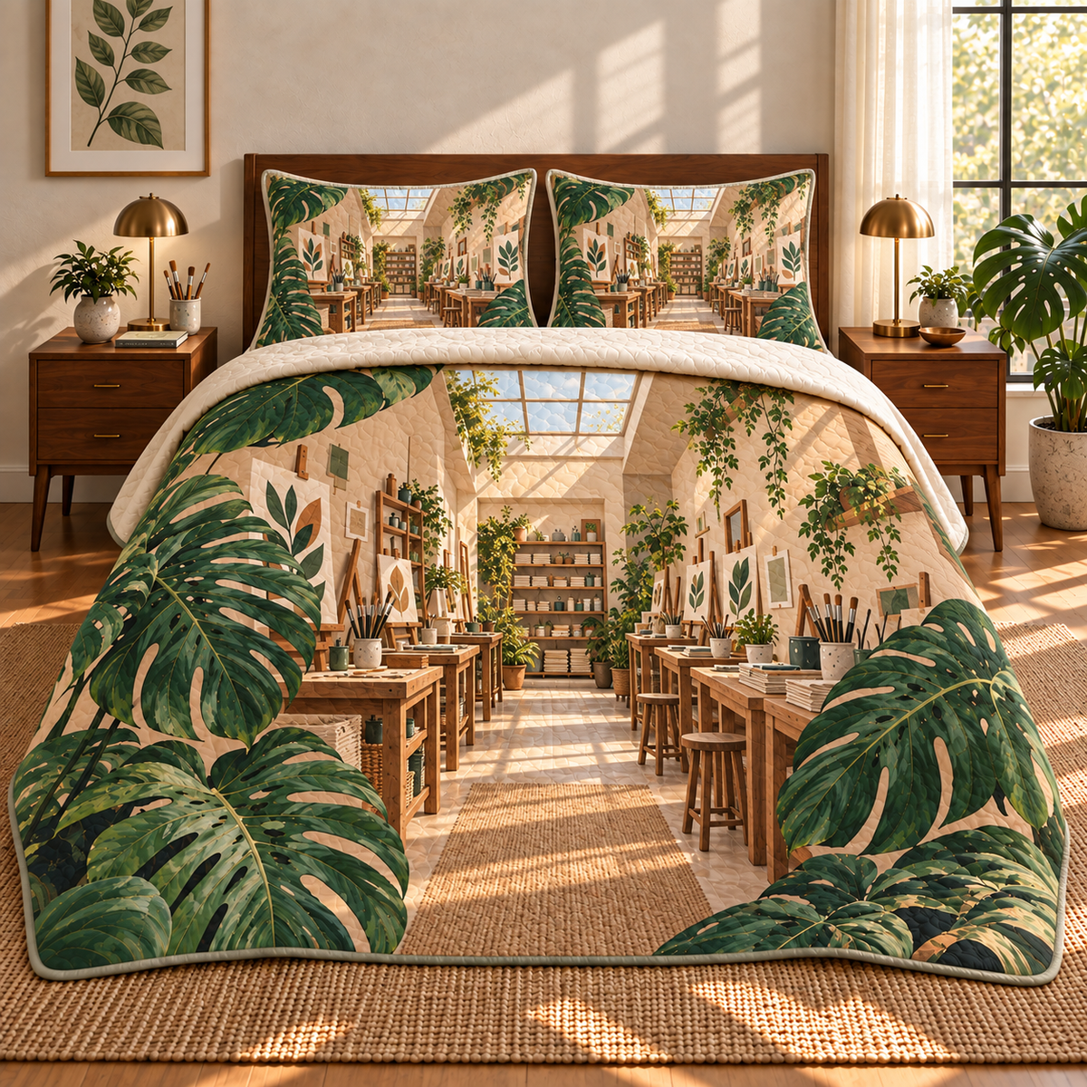 Monstera Craft Studio Quilted Bedding Set with flat printed monstera craft studio artwork