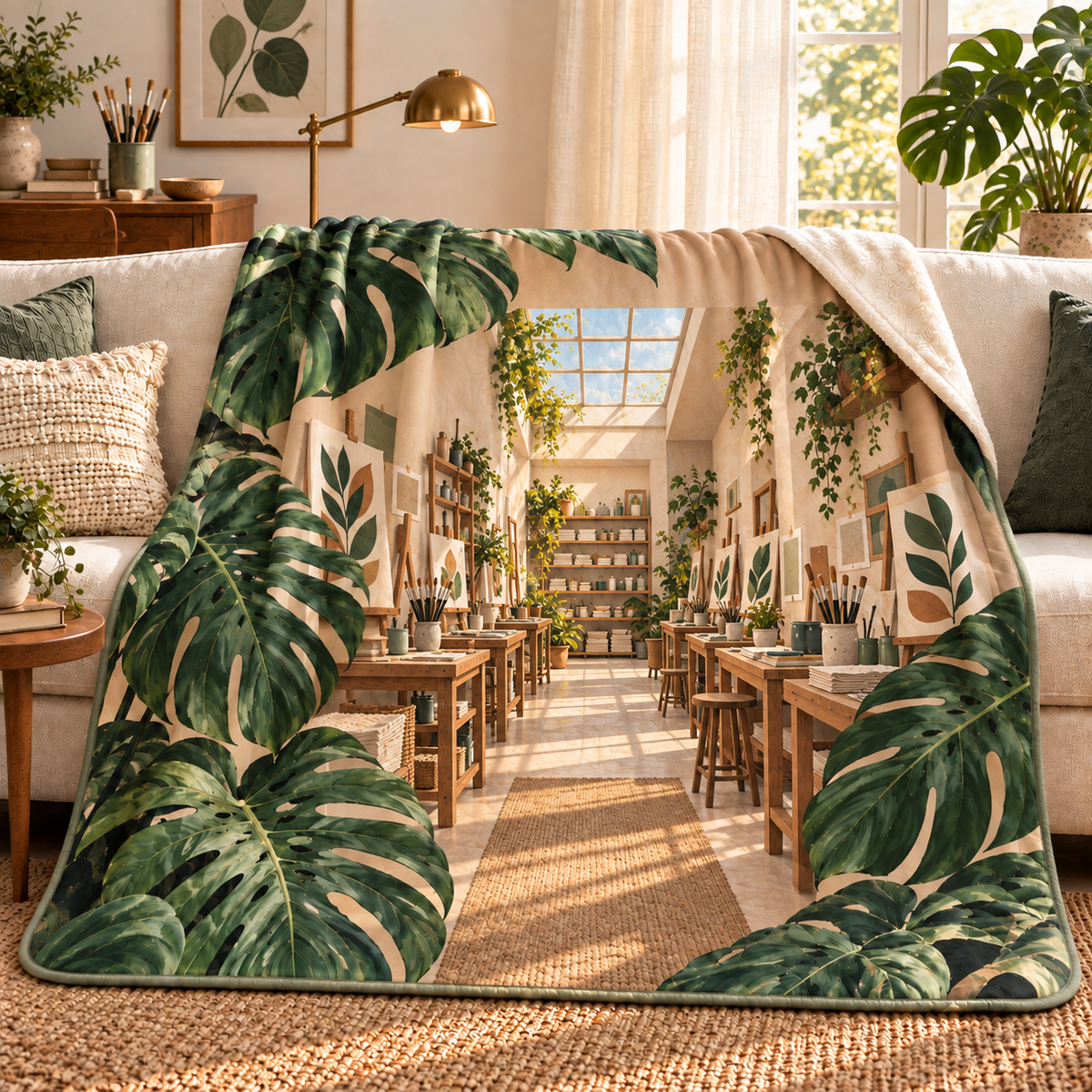 Monstera Craft Studio Sherpa & Fleece Blanket with flat printed monstera craft studio artwork