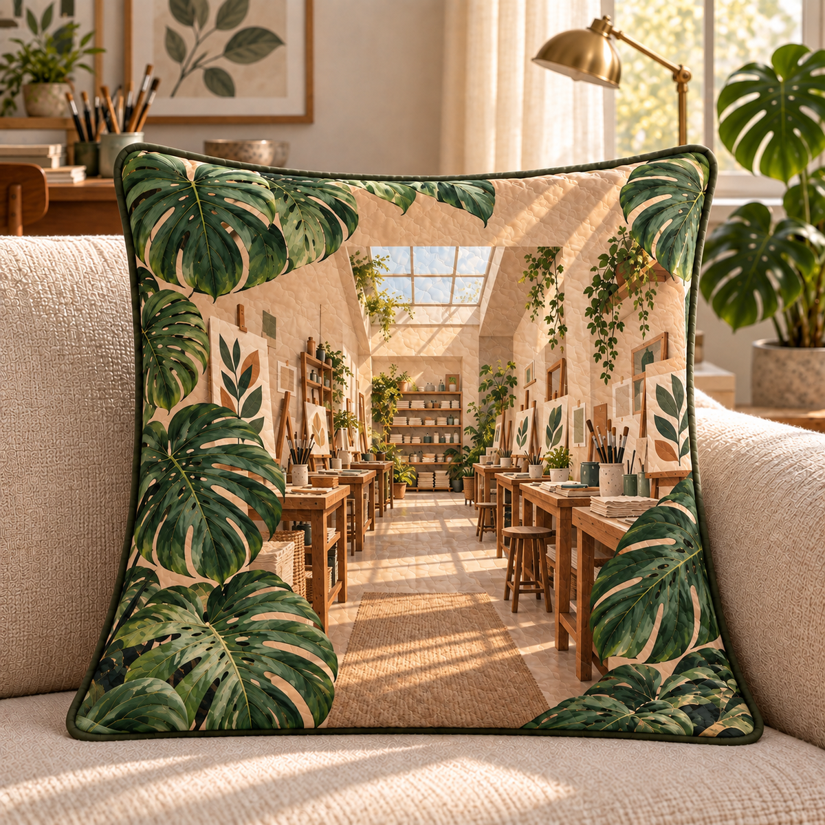 Monstera Craft Studio Quilted Cushion Cover with flat printed monstera craft studio artwork