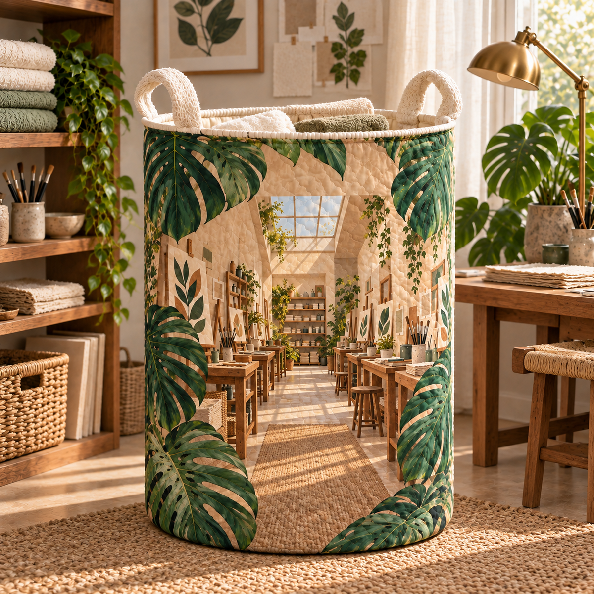 Monstera Craft Studio Laundry Hamper with flat printed monstera craft studio artwork