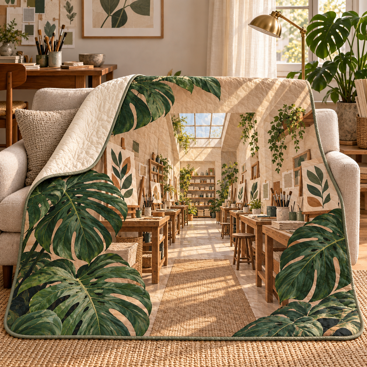 Monstera Craft Studio Quilt Blanket with flat printed monstera craft studio artwork