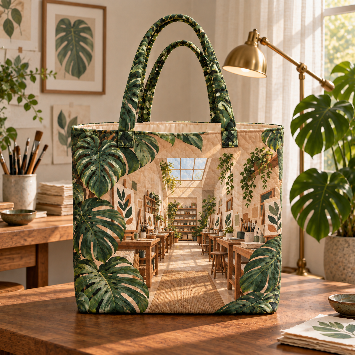 Monstera Craft Studio Quilted Tote Bag with flat printed monstera craft studio artwork