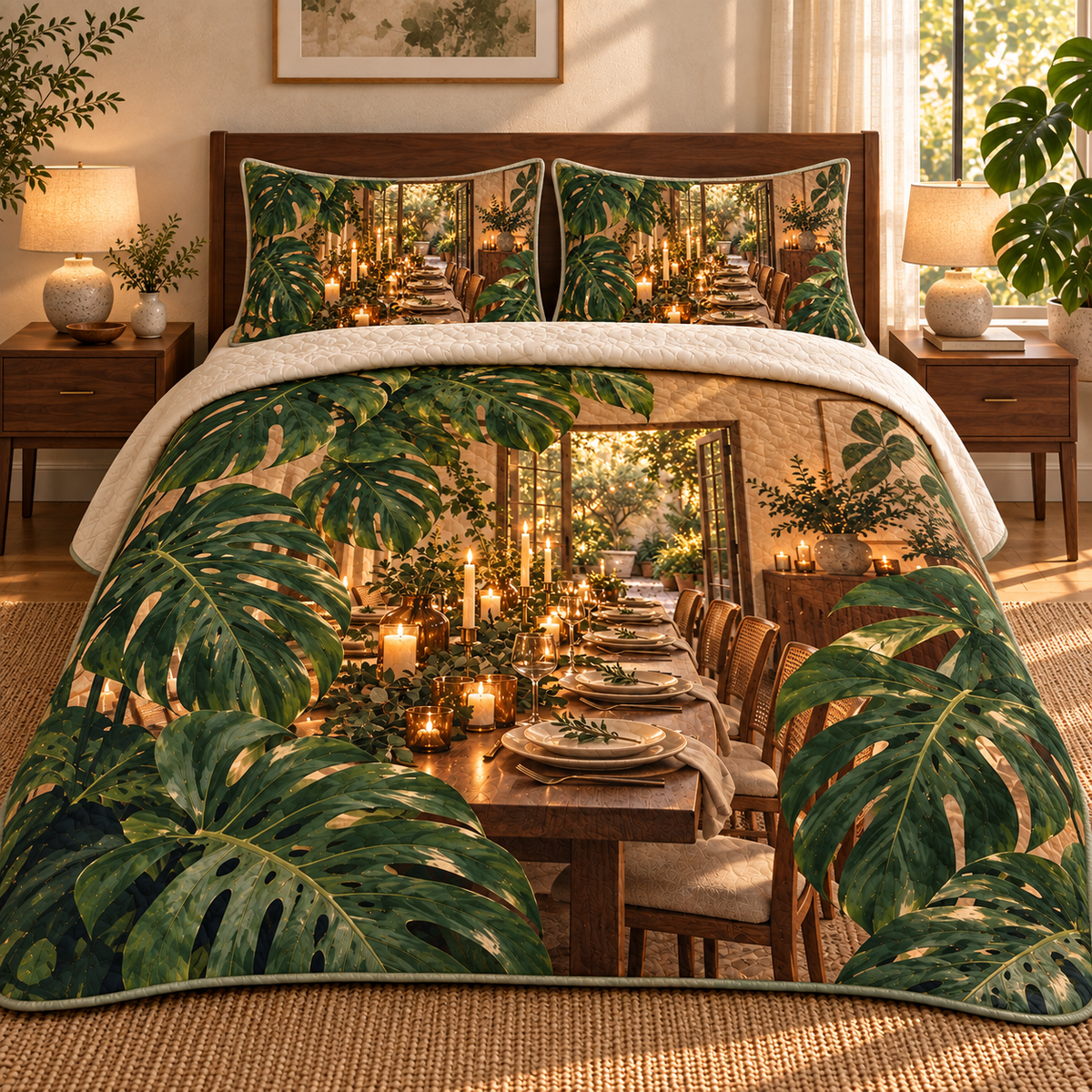 Monstera Candlelit Host Quilted Bedding Set with flat printed monstera candlelit host table artwork