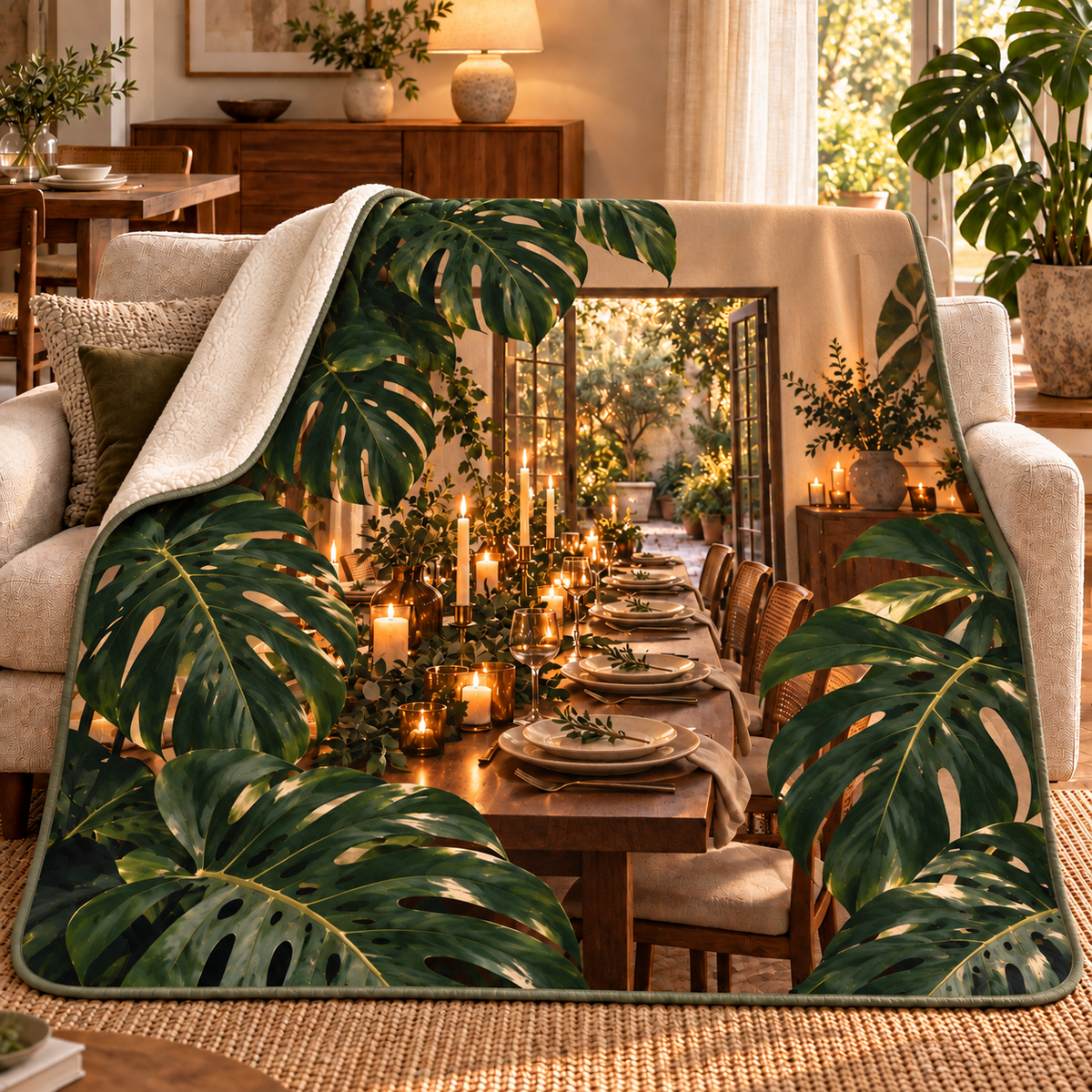 Monstera Candlelit Host Sherpa & Fleece Blanket with flat printed monstera candlelit host table artwork
