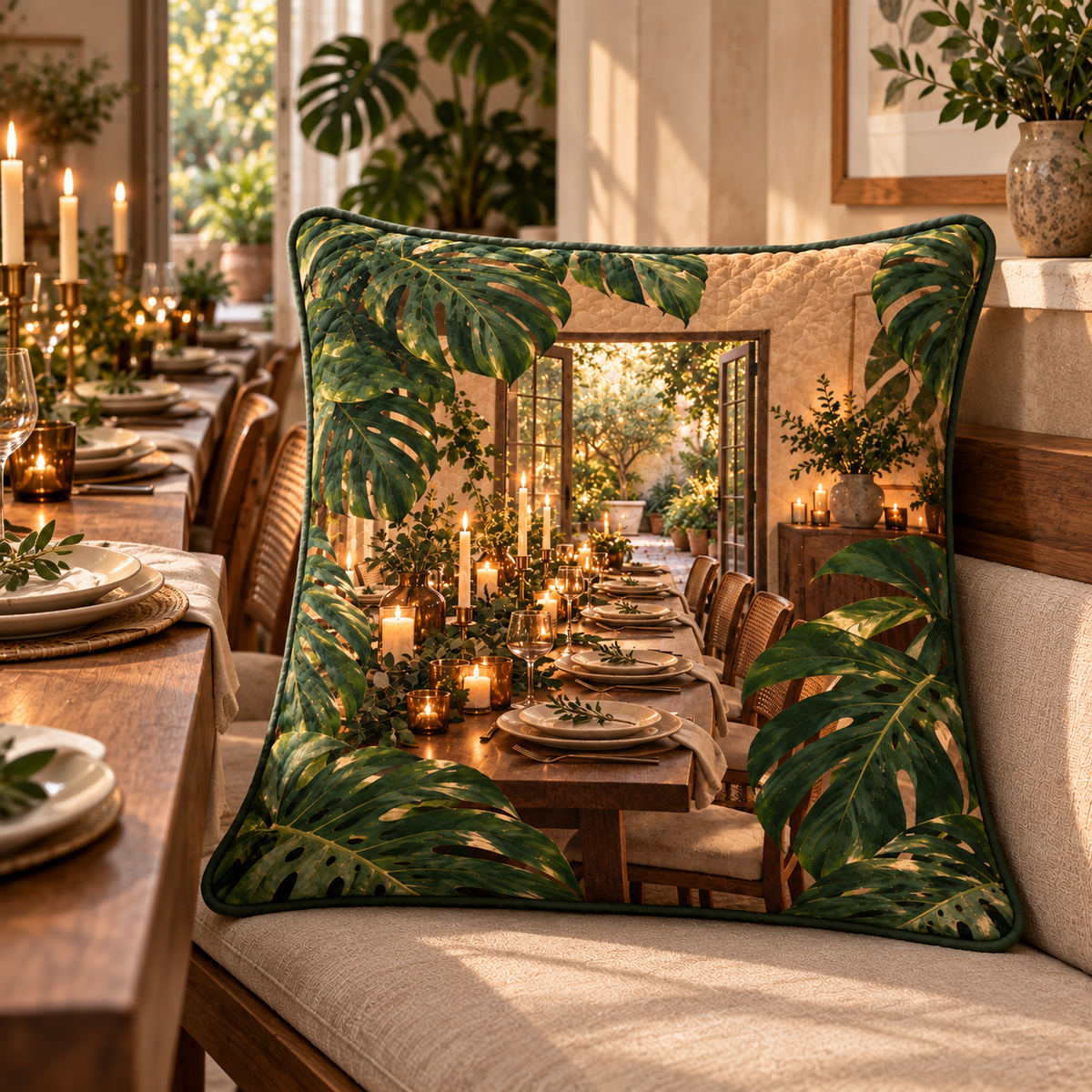 Monstera Candlelit Host Quilted Cushion Cover with flat printed monstera candlelit host table artwork
