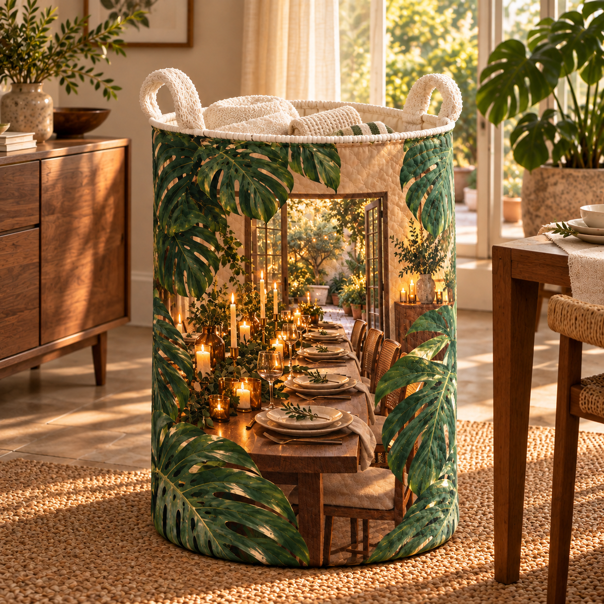 Monstera Candlelit Host Laundry Hamper with flat printed monstera candlelit host table artwork