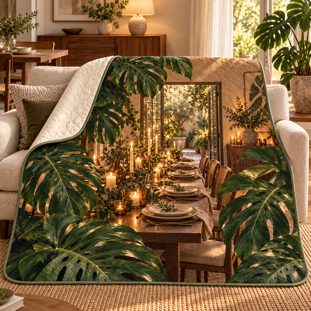 Monstera Candlelit Host Quilt Blanket with flat printed monstera candlelit host table artwork