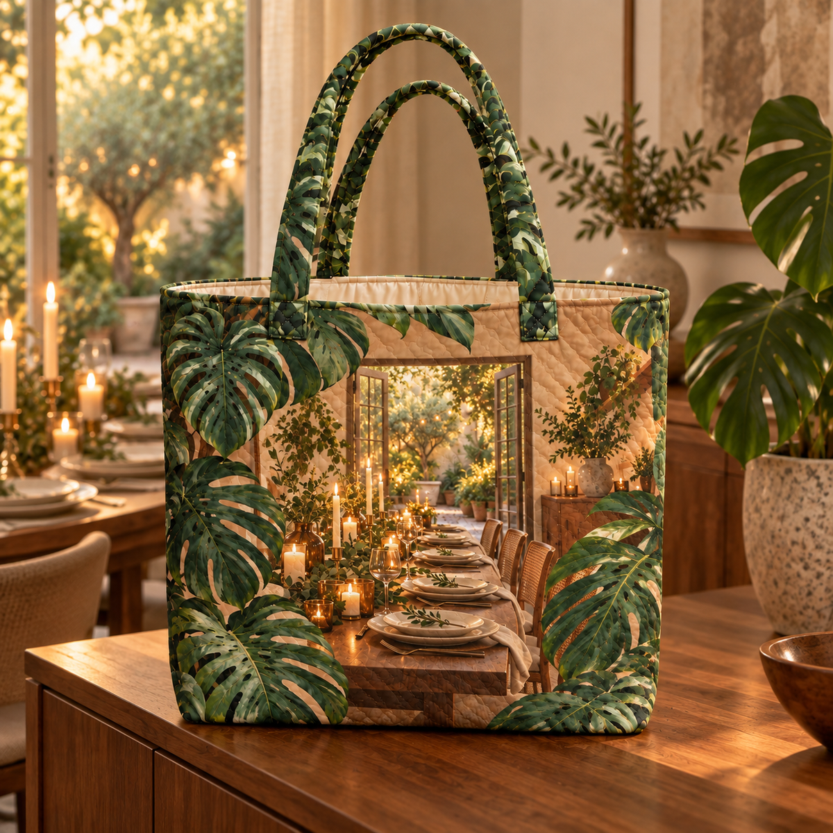 Monstera Candlelit Host Quilted Tote Bag with flat printed monstera candlelit host table artwork