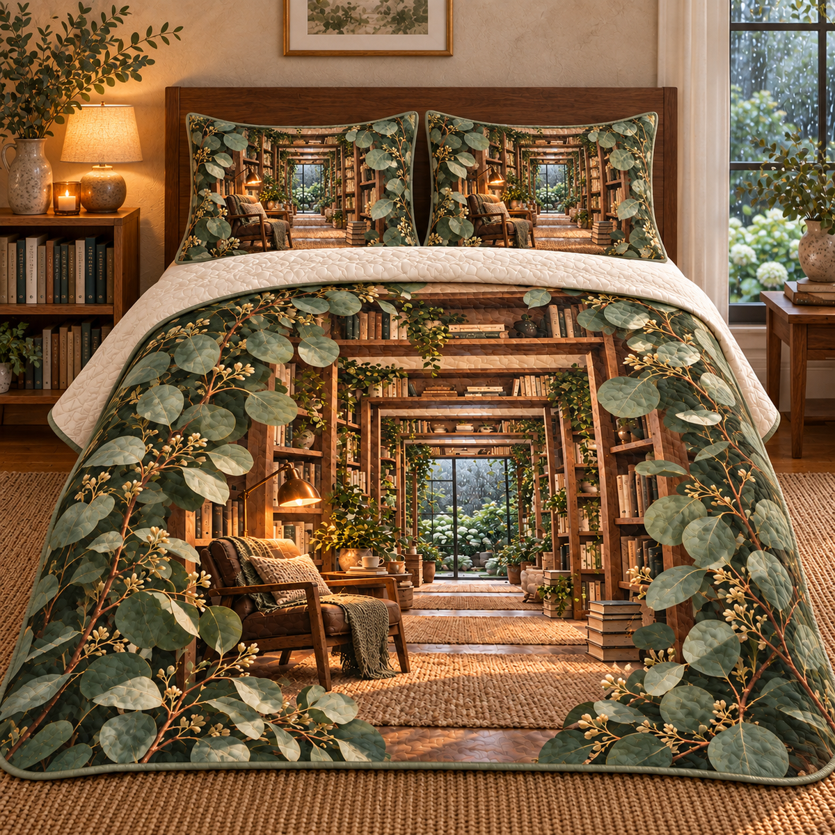 Eucalyptus Reading Nook Quilted Bedding Set with flat printed eucalyptus reading alcove artwork