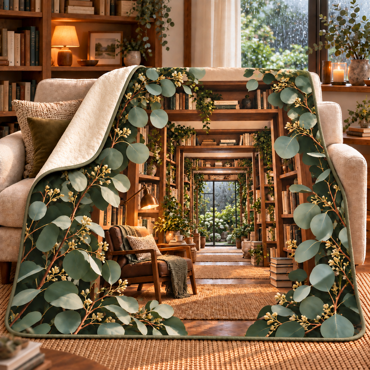 Eucalyptus Reading Nook Sherpa & Fleece Blanket with flat printed eucalyptus reading alcove artwork