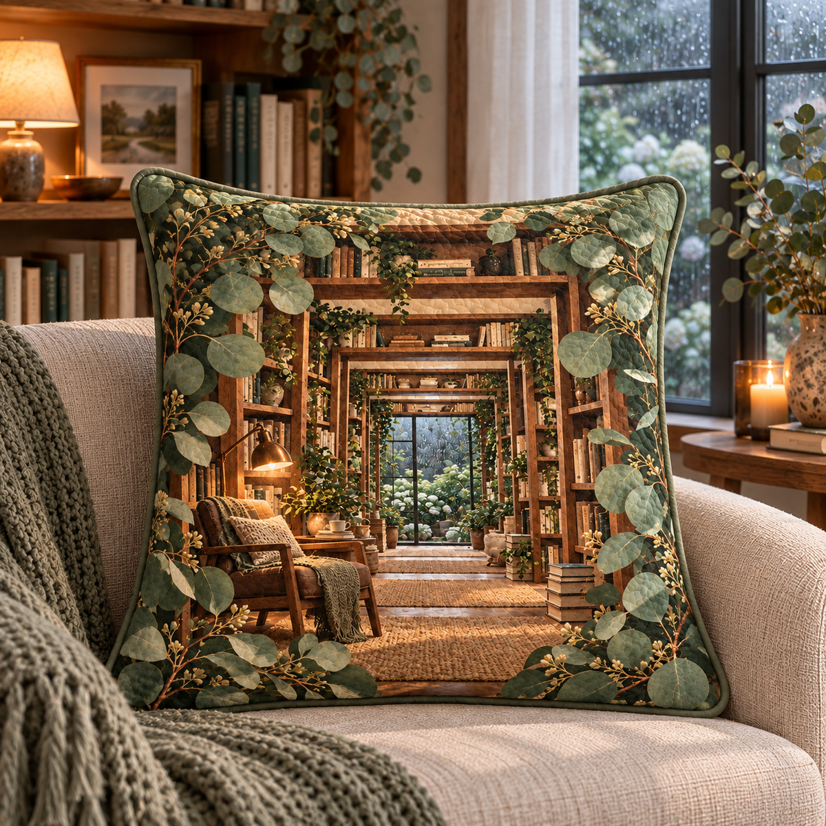 Eucalyptus Reading Nook Quilted Cushion Cover with flat printed eucalyptus reading alcove artwork