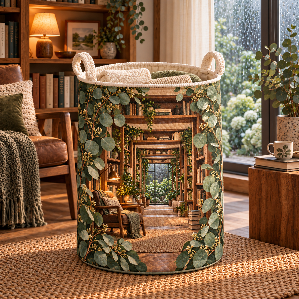 Eucalyptus Reading Nook Laundry Hamper with flat printed eucalyptus reading alcove artwork