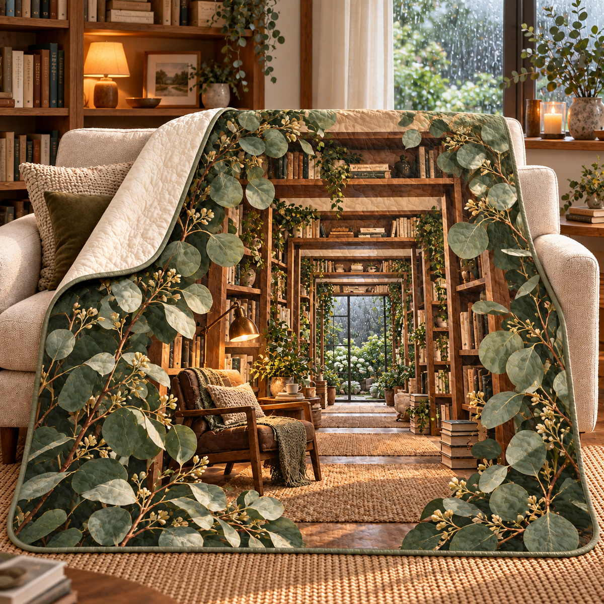 Eucalyptus Reading Nook Quilt Blanket with flat printed eucalyptus reading alcove artwork