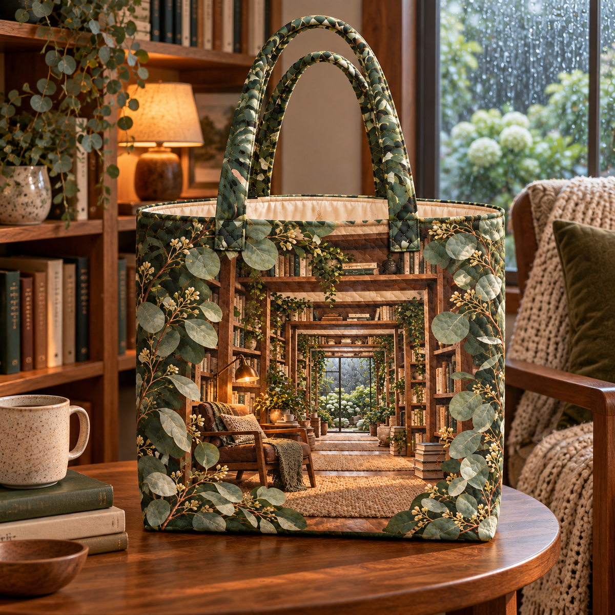 Eucalyptus Reading Nook Quilted Tote Bag with flat printed eucalyptus reading alcove artwork