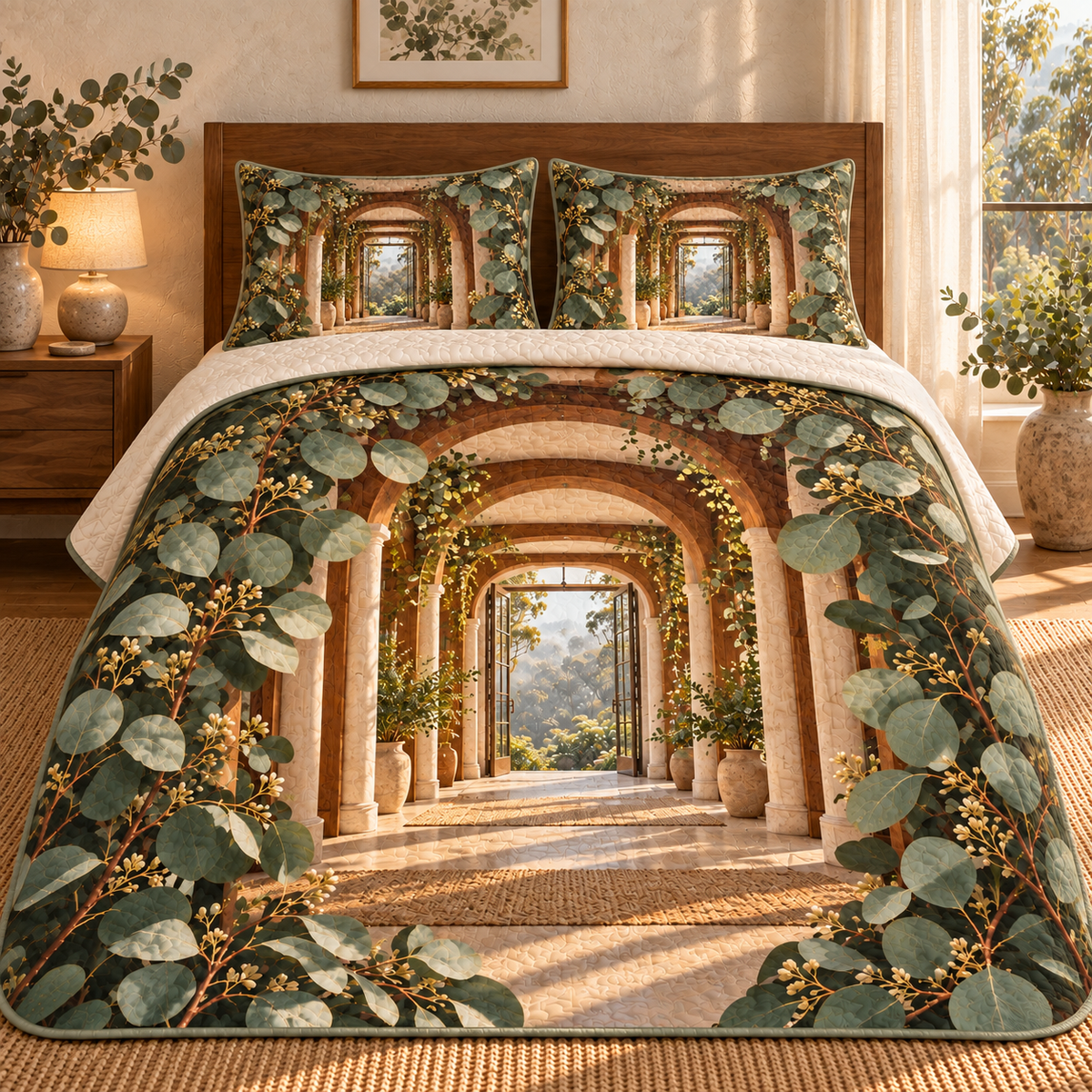 Eucalyptus Bedroom Vista Quilted Bedding Set with flat printed eucalyptus bedroom vista artwork