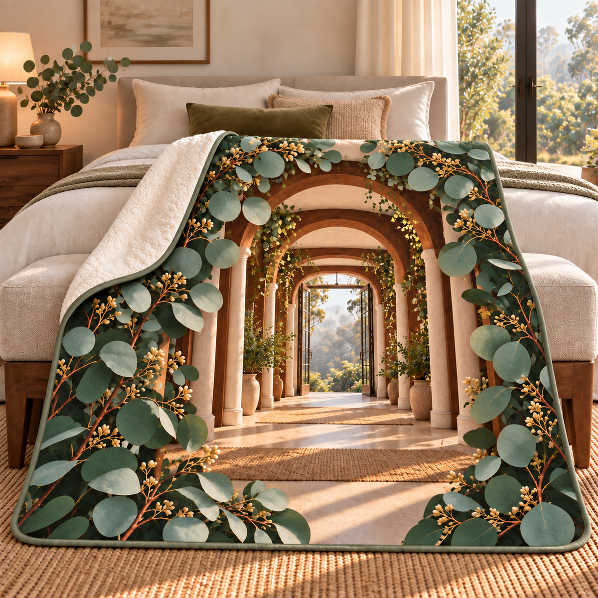 Eucalyptus Bedroom Vista Sherpa & Fleece Blanket with flat printed eucalyptus bedroom vista artwork