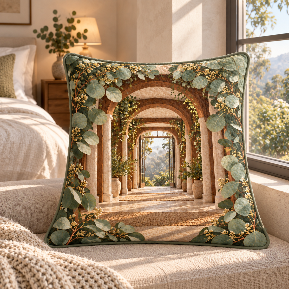 Eucalyptus Bedroom Vista Quilted Cushion Cover with flat printed eucalyptus bedroom vista artwork