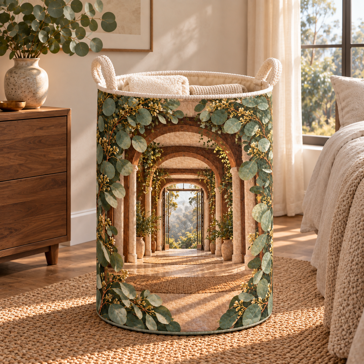 Eucalyptus Bedroom Vista Laundry Hamper with flat printed eucalyptus bedroom vista artwork