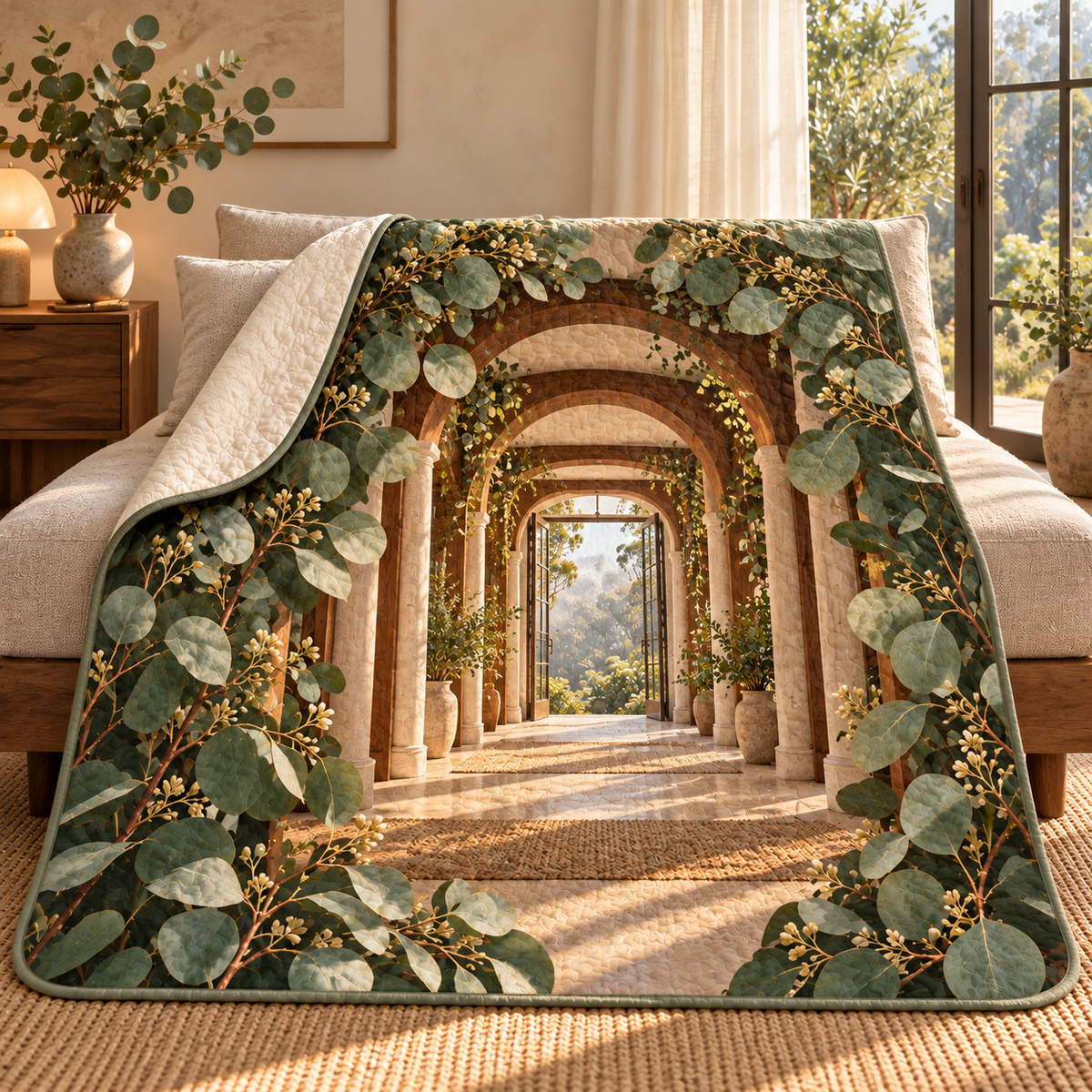 Eucalyptus Bedroom Vista Quilt Blanket with flat printed eucalyptus bedroom vista artwork