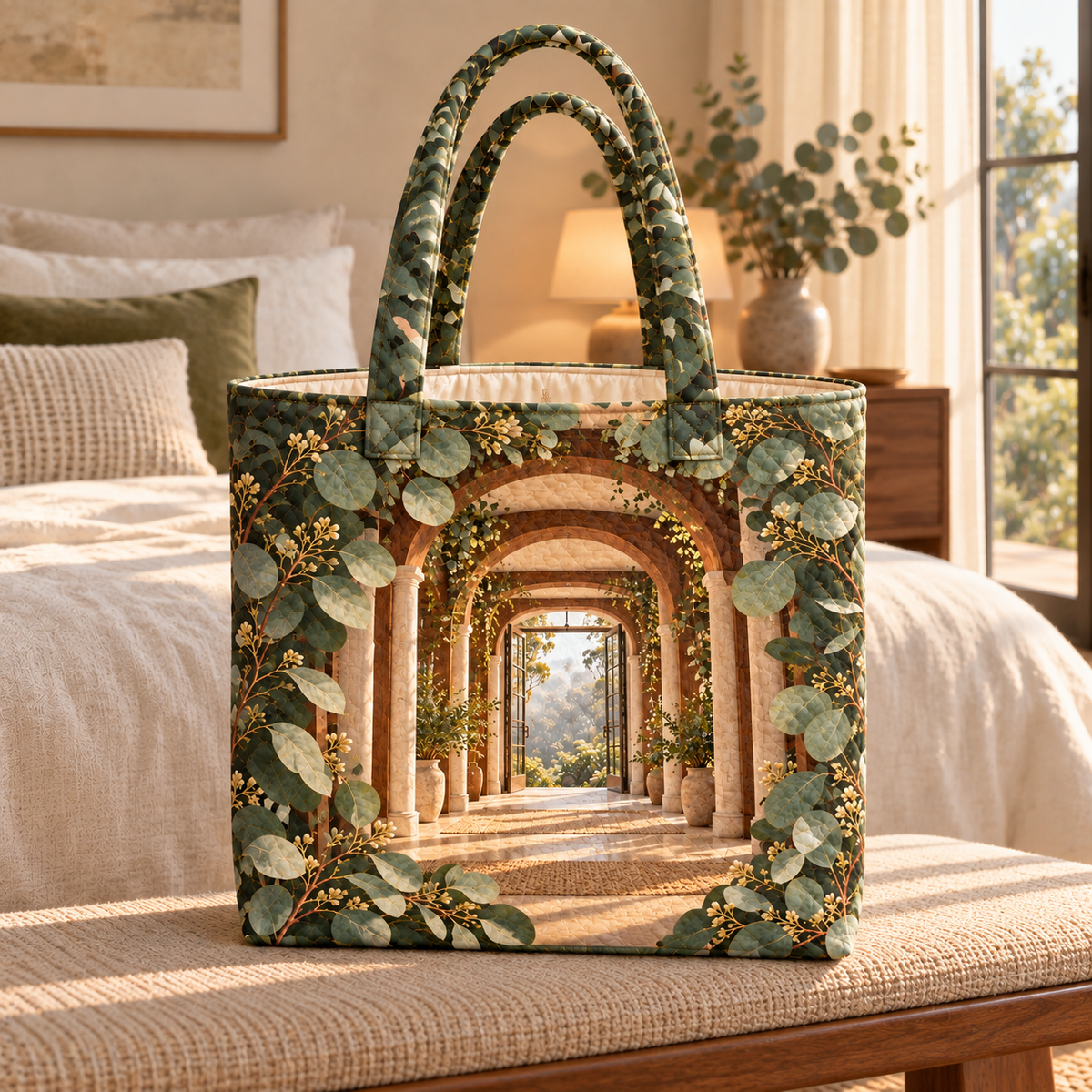 Eucalyptus Bedroom Vista Quilted Tote Bag with flat printed eucalyptus bedroom vista artwork