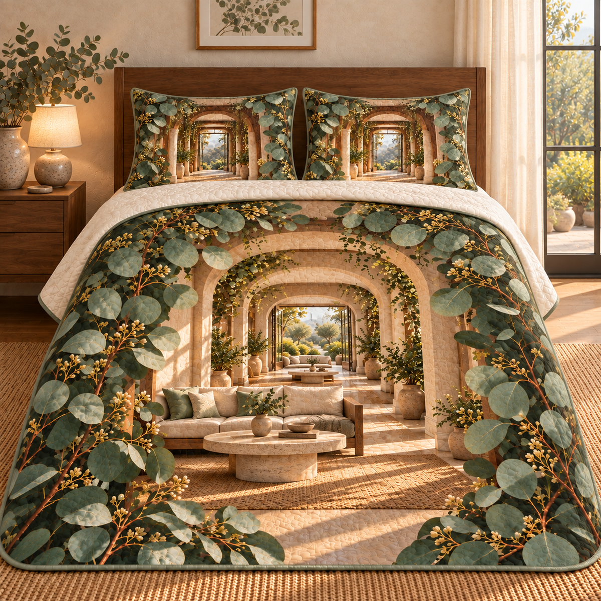 Eucalyptus Living Room Vista Quilted Bedding Set with flat printed eucalyptus living room terrace artwork