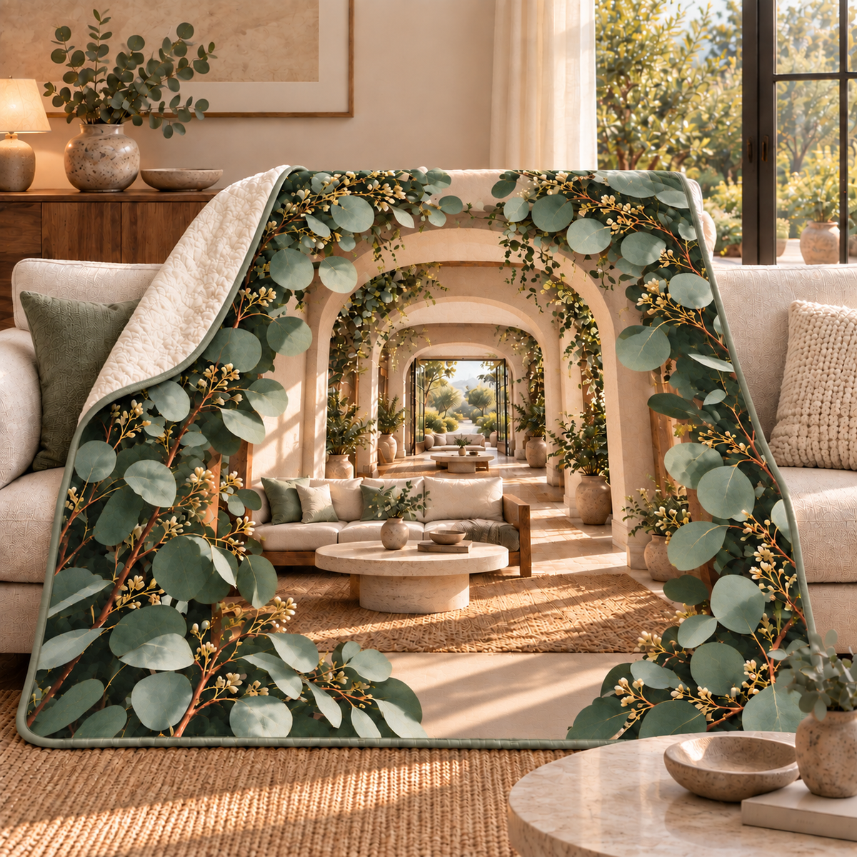 Eucalyptus Living Room Vista Sherpa & Fleece Blanket with flat printed eucalyptus living room terrace artwork