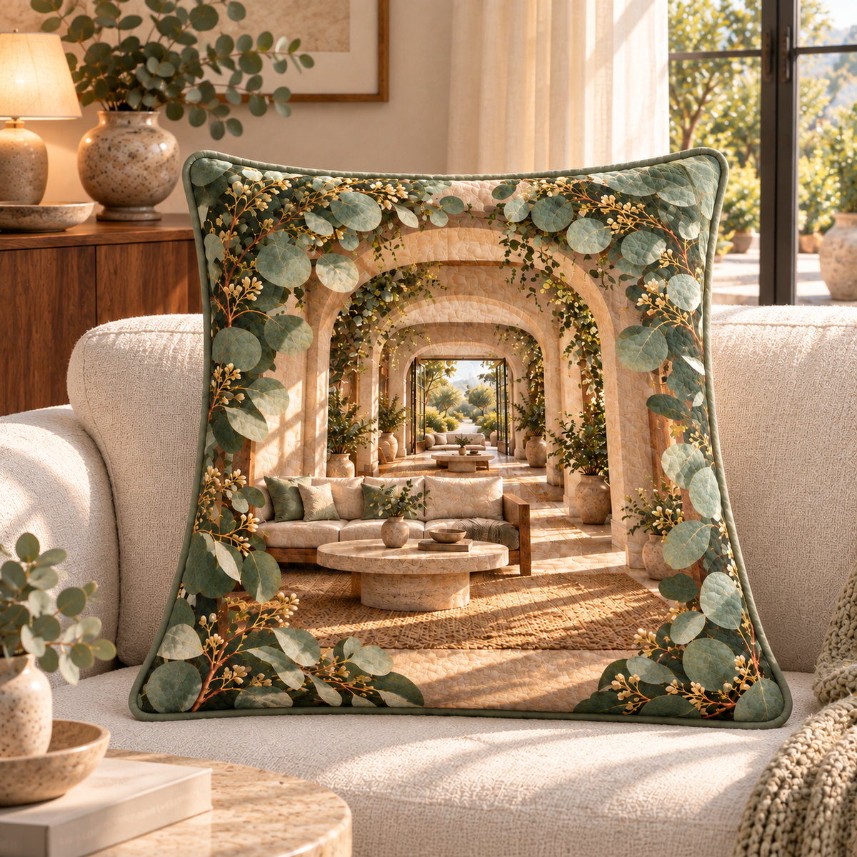 Eucalyptus Living Room Vista Quilted Cushion Cover with flat printed eucalyptus living room terrace artwork