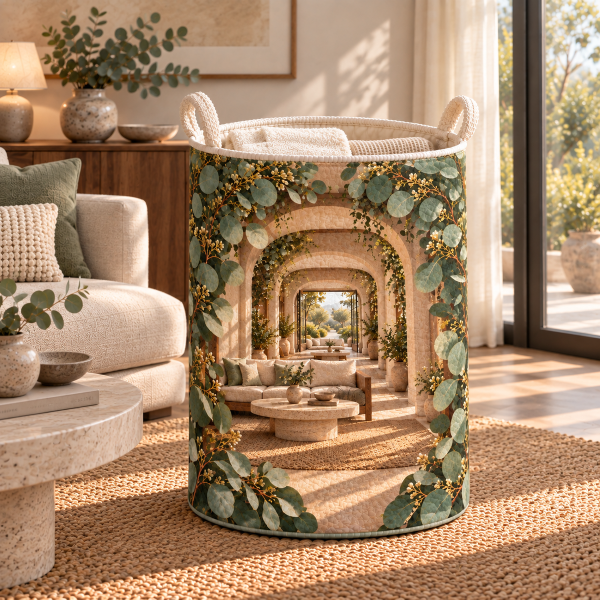 Eucalyptus Living Room Vista Laundry Hamper with flat printed eucalyptus living room terrace artwork
