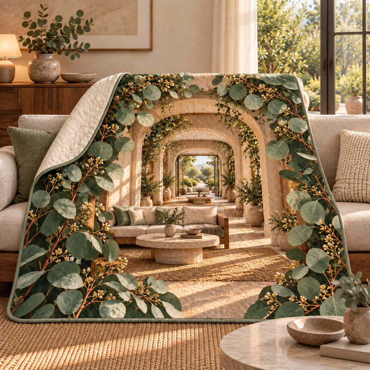 Eucalyptus Living Room Vista Quilt Blanket with flat printed eucalyptus living room terrace artwork