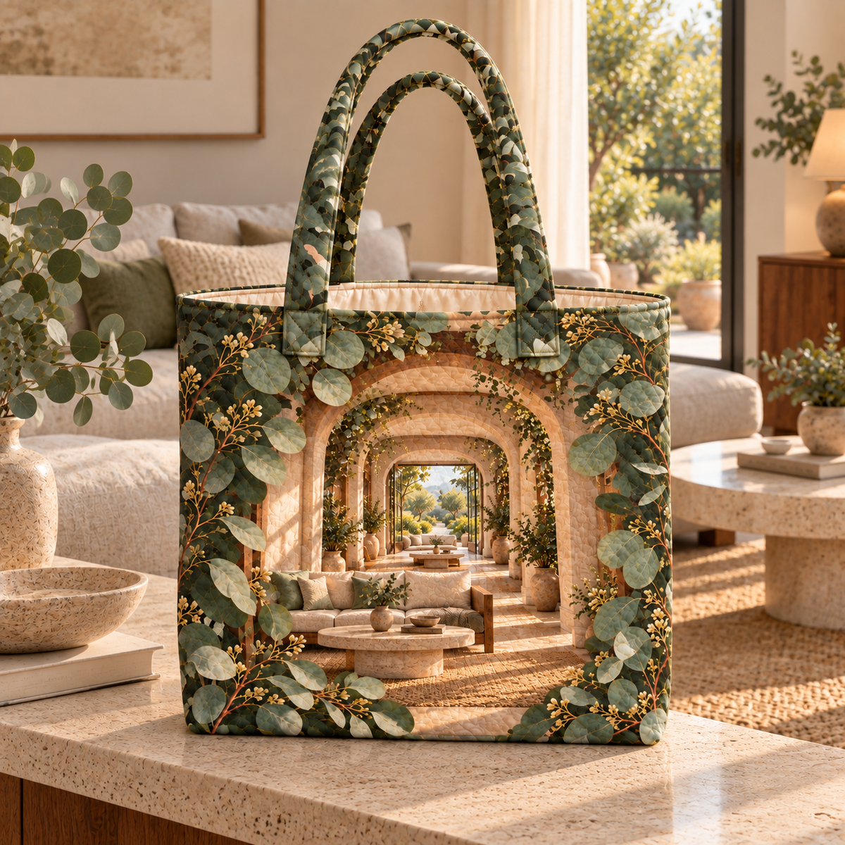 Eucalyptus Living Room Vista Quilted Tote Bag with flat printed eucalyptus living room terrace artwork