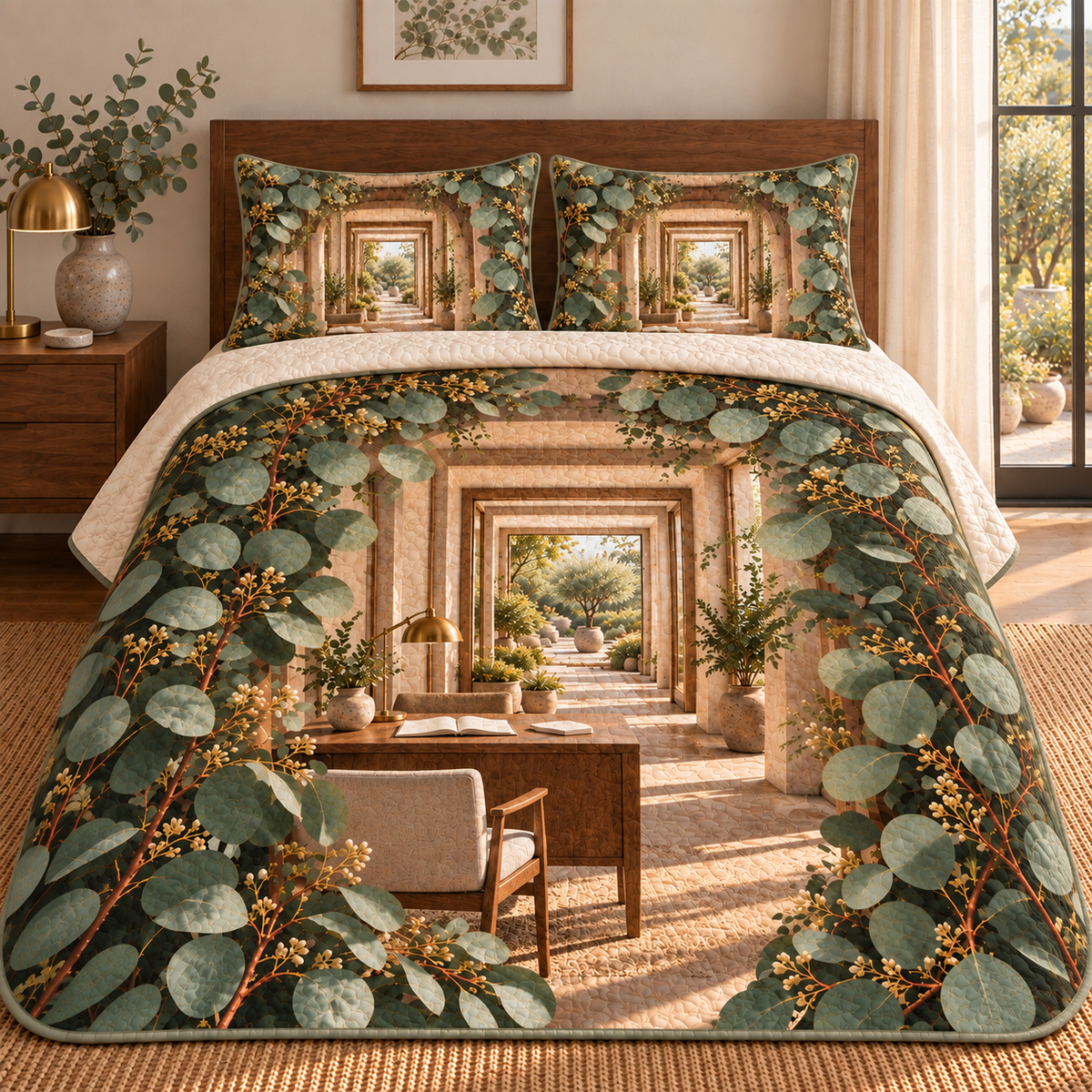 Eucalyptus Home Office Quilted Bedding Set with flat printed eucalyptus home office artwork