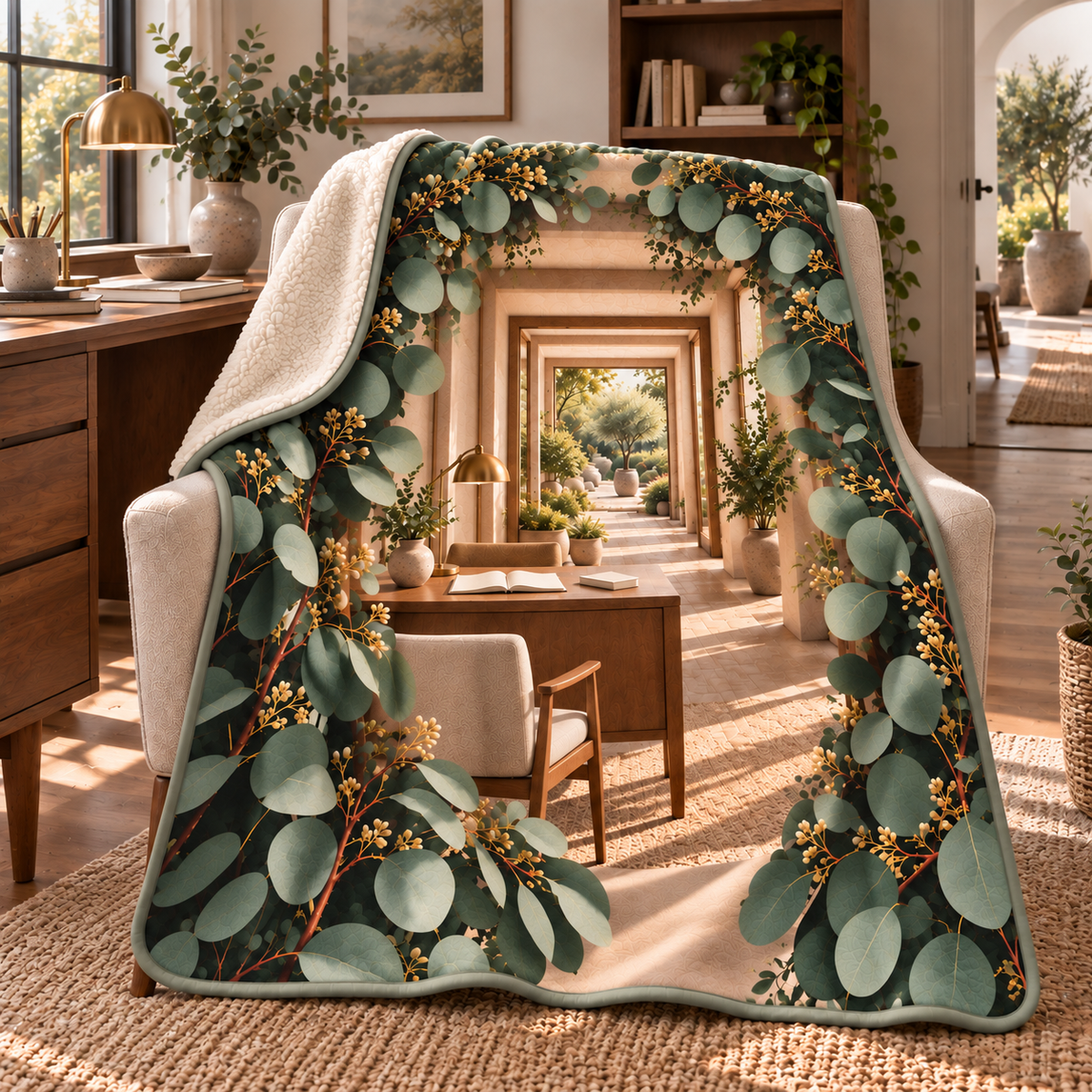 Eucalyptus Home Office Sherpa & Fleece Blanket with flat printed eucalyptus home office artwork