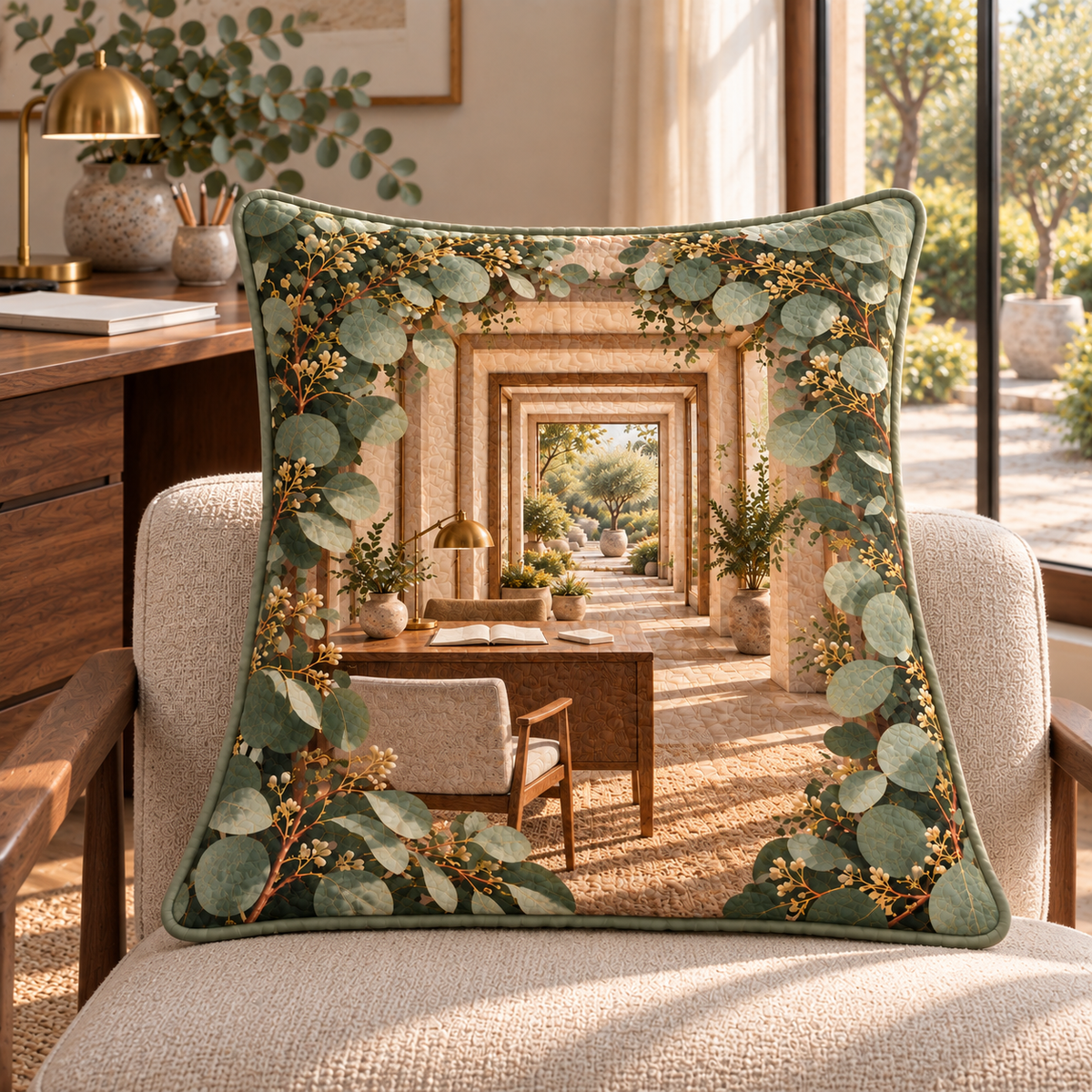 Eucalyptus Home Office Quilted Cushion Cover with flat printed eucalyptus home office artwork