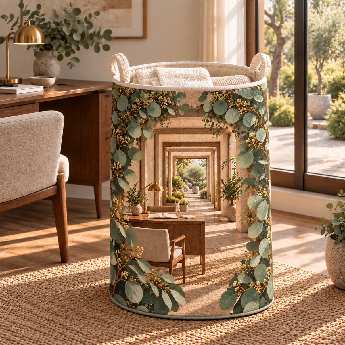 Eucalyptus Home Office Laundry Hamper with flat printed eucalyptus home office artwork