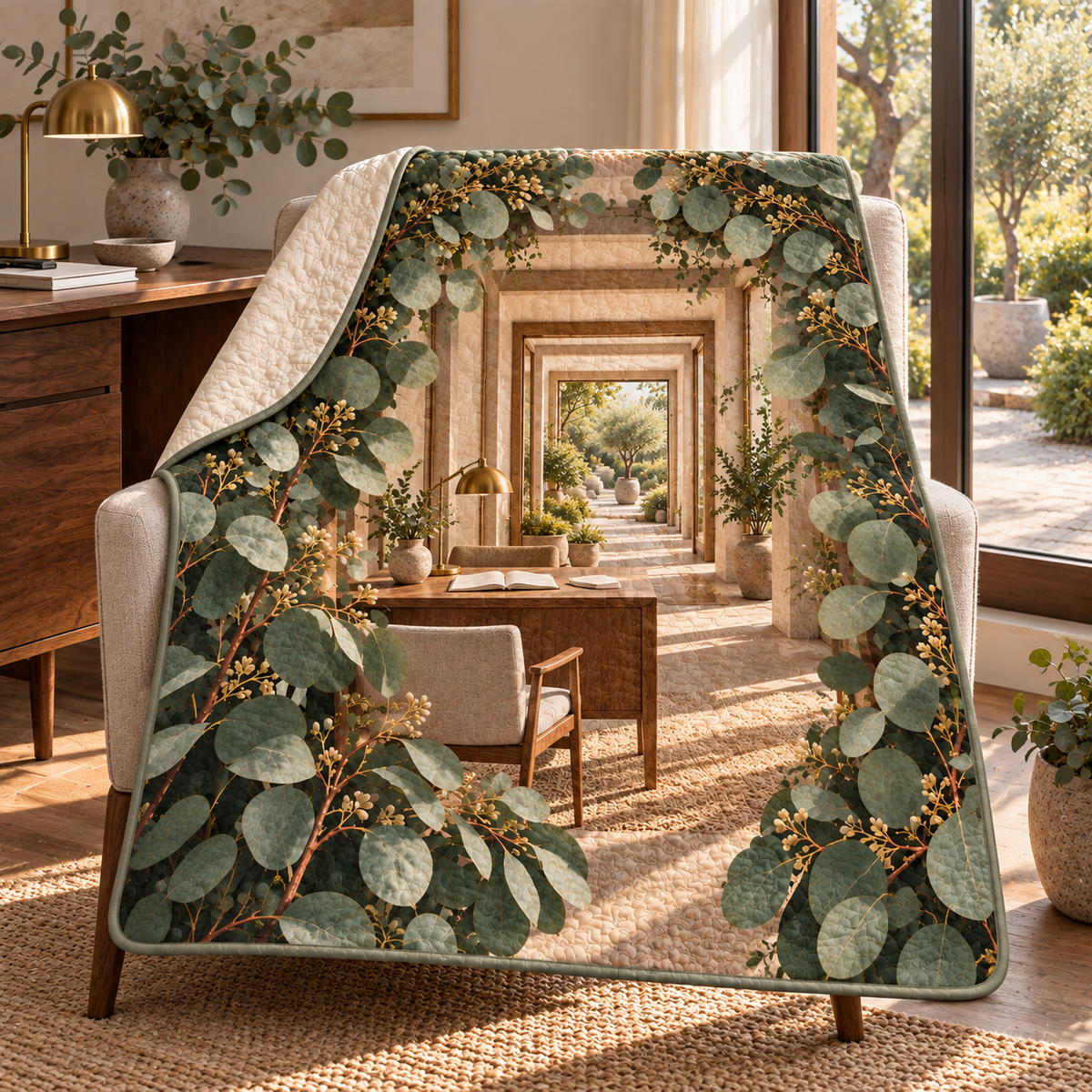 Eucalyptus Home Office Quilt Blanket with flat printed eucalyptus home office artwork