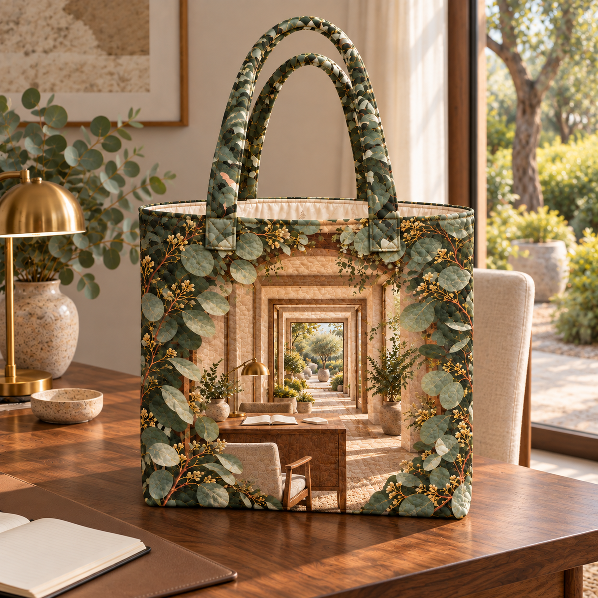 Eucalyptus Home Office Quilted Tote Bag with flat printed eucalyptus home office artwork
