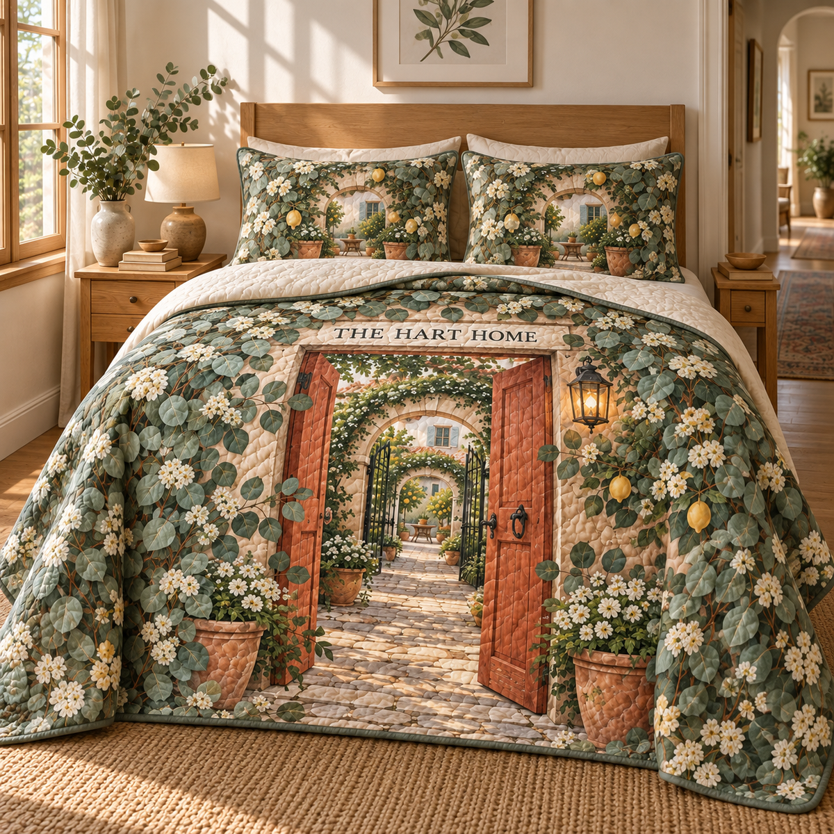Eucalyptus Housewarming Quilted Bedding Set with flat printed eucalyptus housewarming artwork and sample family name