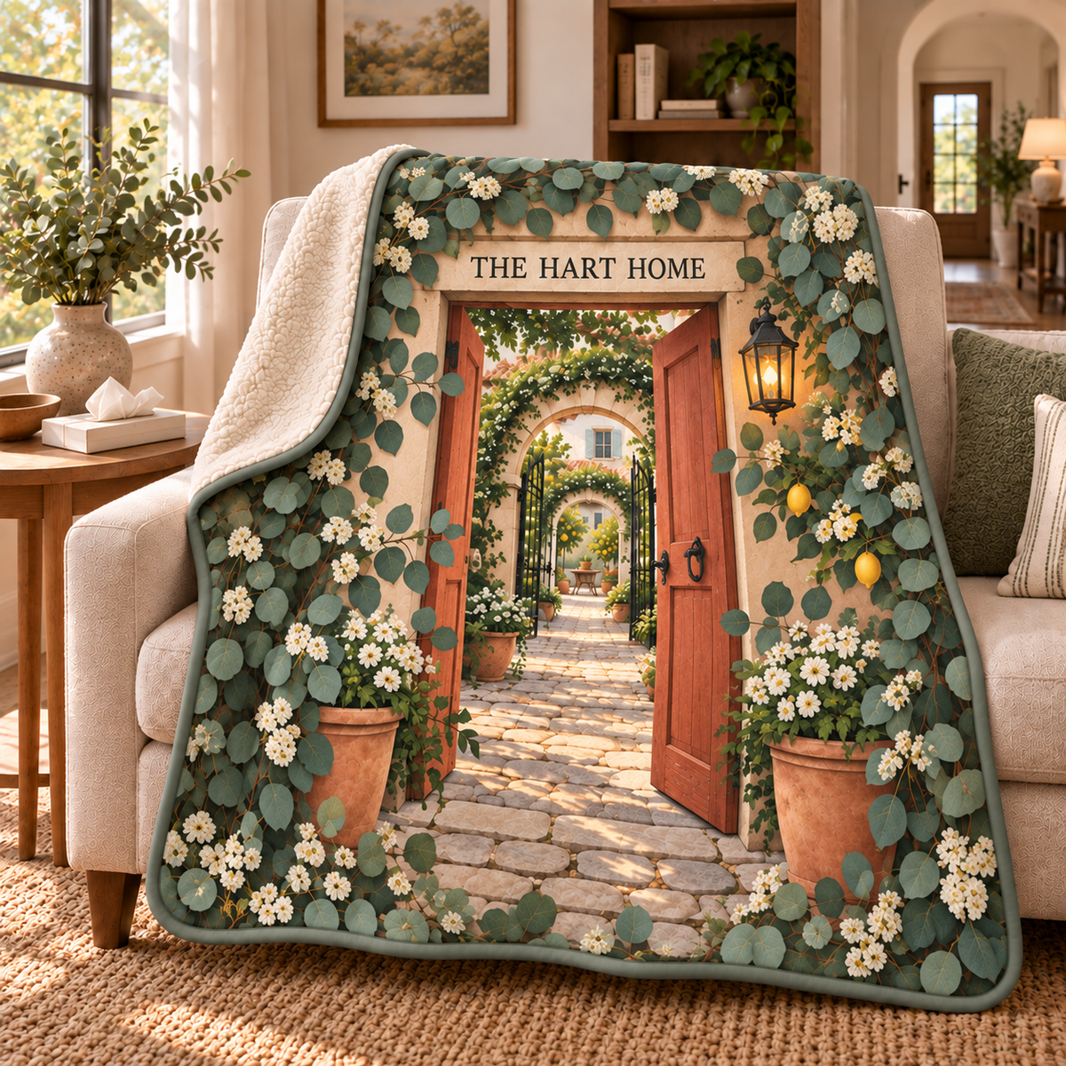Eucalyptus Housewarming Sherpa & Fleece Blanket with flat printed eucalyptus housewarming artwork and sample family name