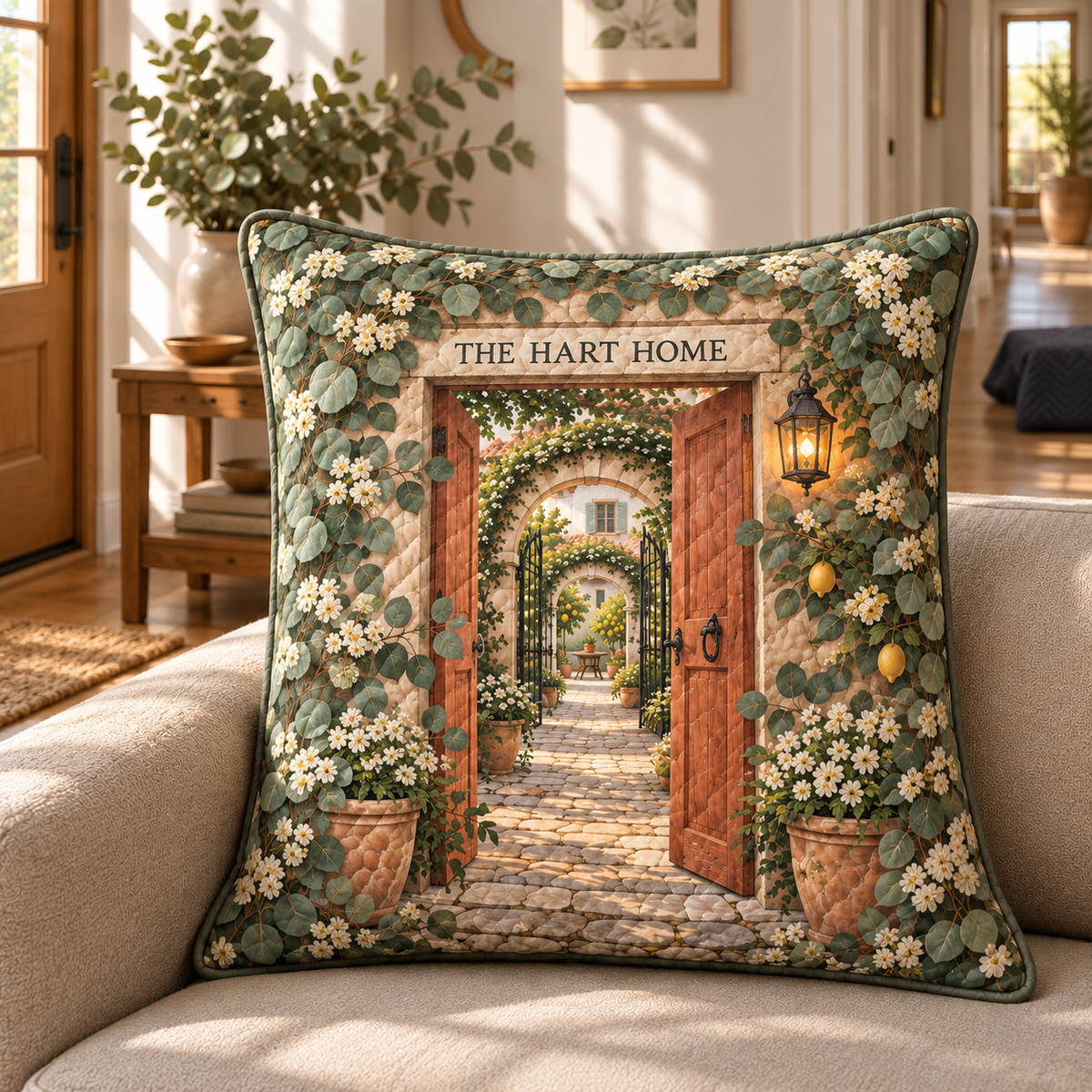 Eucalyptus Housewarming Quilted Cushion Cover with flat printed eucalyptus housewarming artwork and sample family name