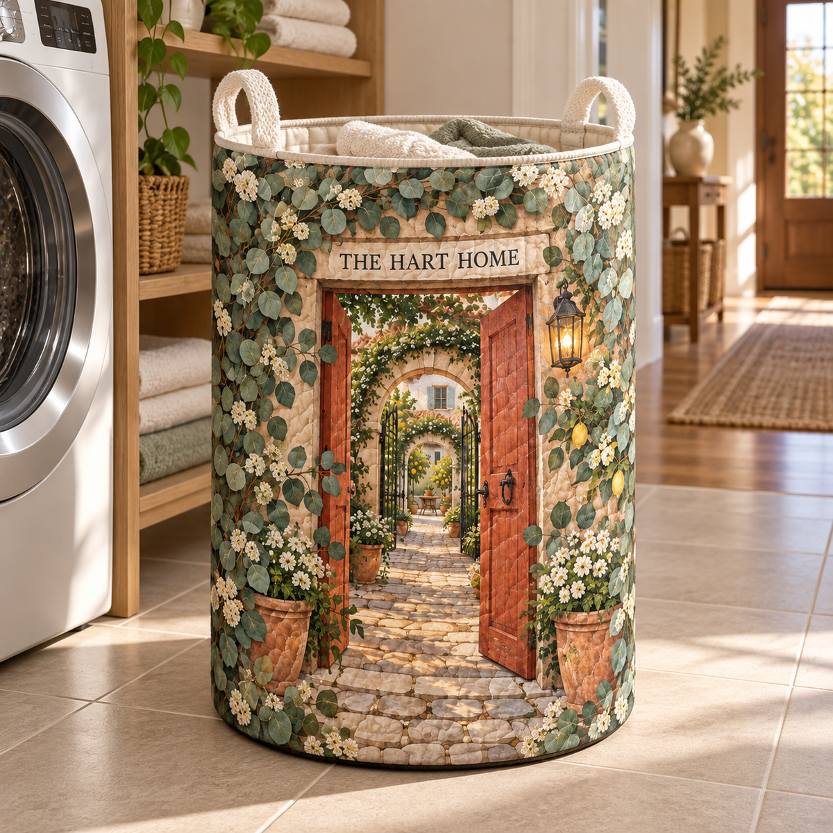 Eucalyptus Housewarming Laundry Hamper with flat printed eucalyptus housewarming artwork and sample family name