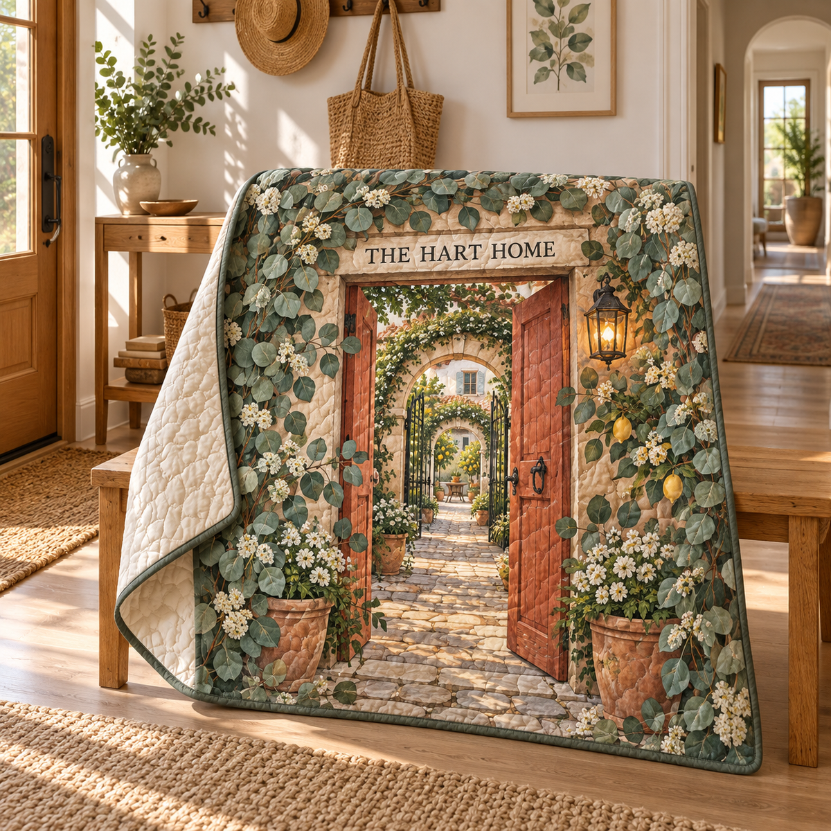 Eucalyptus Housewarming Quilt Blanket with flat printed eucalyptus housewarming artwork and sample family name