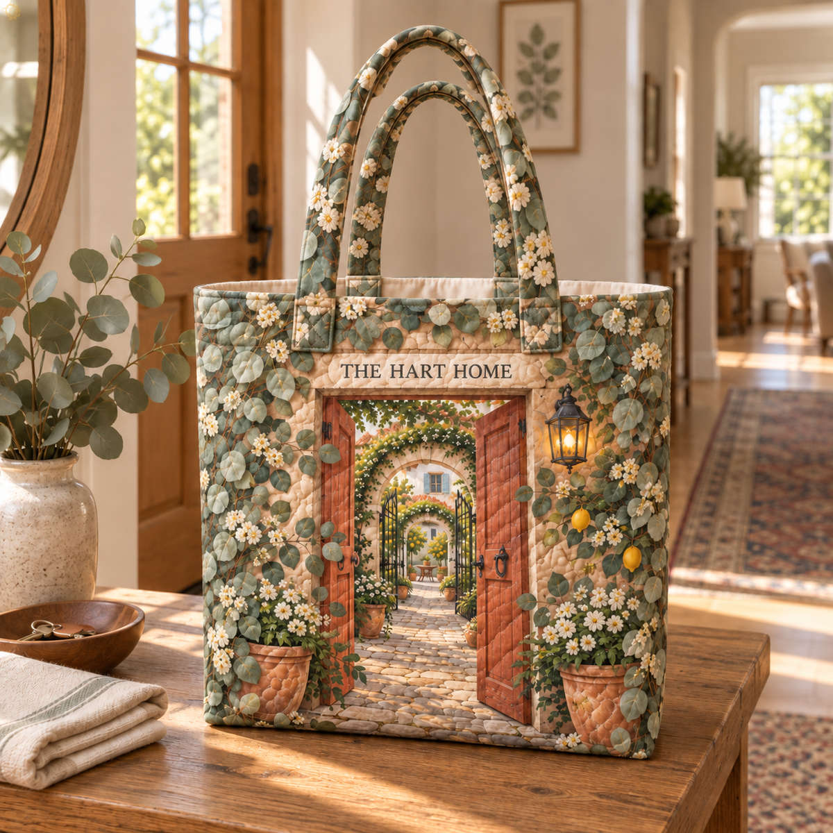 Eucalyptus Housewarming Quilted Tote Bag with flat printed eucalyptus housewarming artwork and sample family name