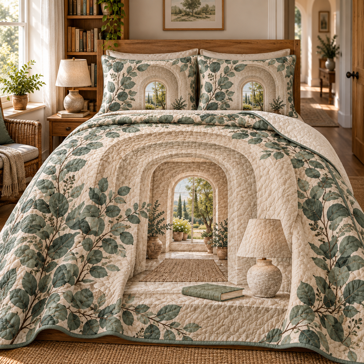 Eucalyptus Quiet Corner Quilted Bedding Set with flat printed eucalyptus quiet-corner artwork