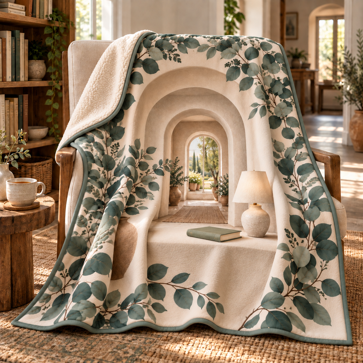 Eucalyptus Quiet Corner Sherpa & Fleece Blanket with flat printed eucalyptus quiet-corner artwork