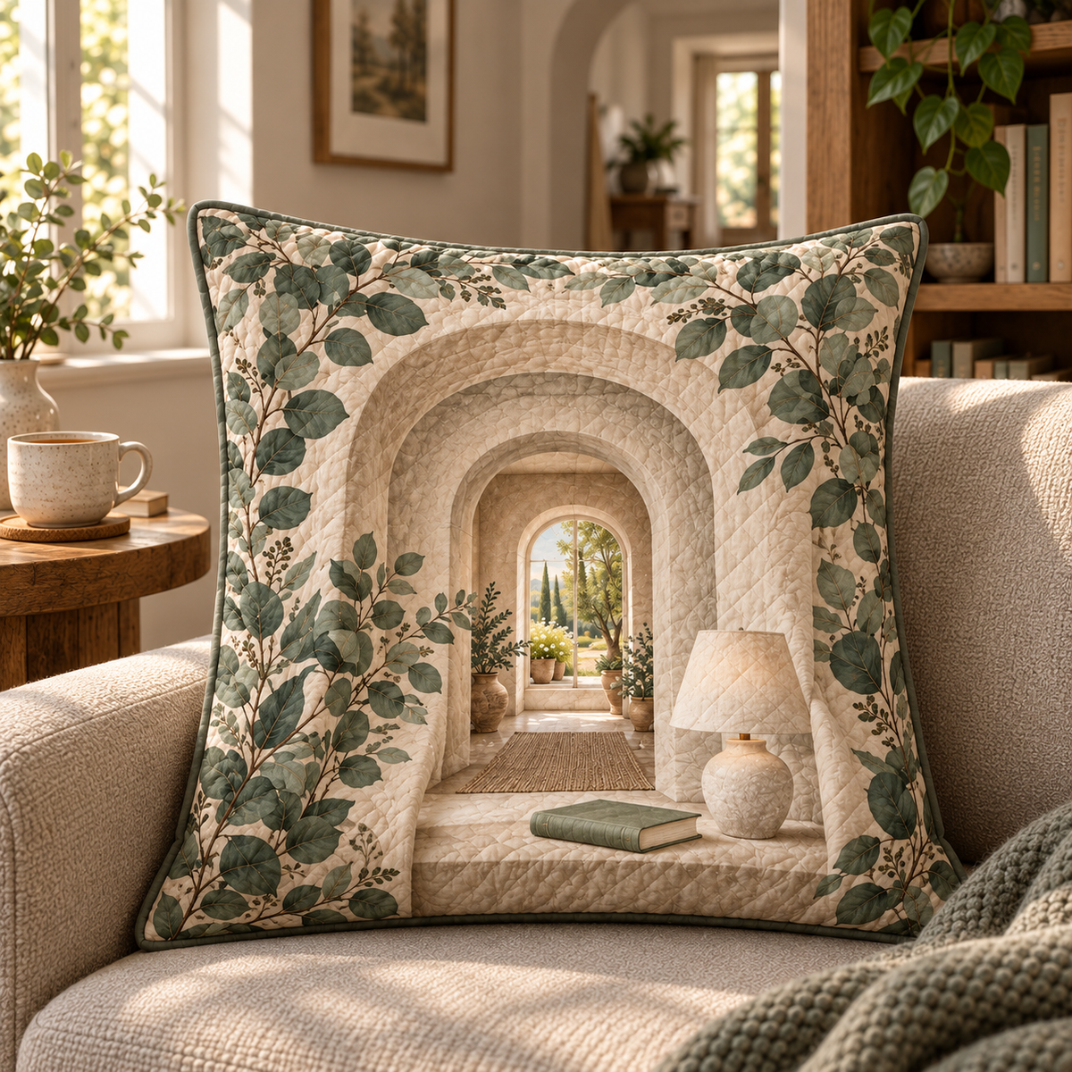 Eucalyptus Quiet Corner Quilted Cushion Cover with flat printed eucalyptus quiet-corner artwork