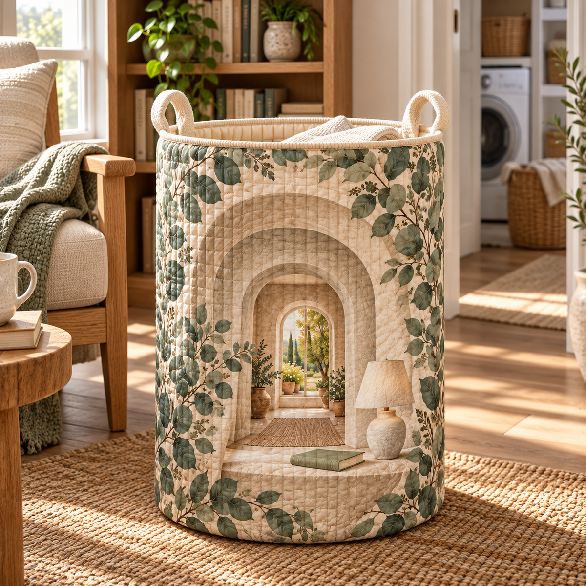 Eucalyptus Quiet Corner Laundry Hamper with flat printed eucalyptus quiet-corner artwork