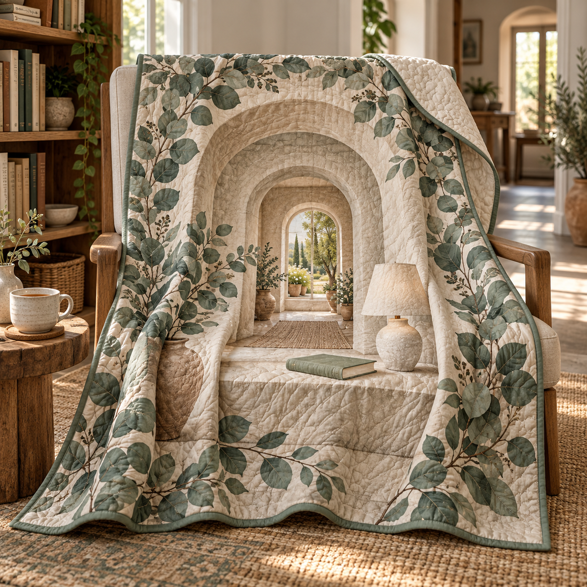 Eucalyptus Quiet Corner Quilt Blanket with flat printed eucalyptus quiet-corner artwork